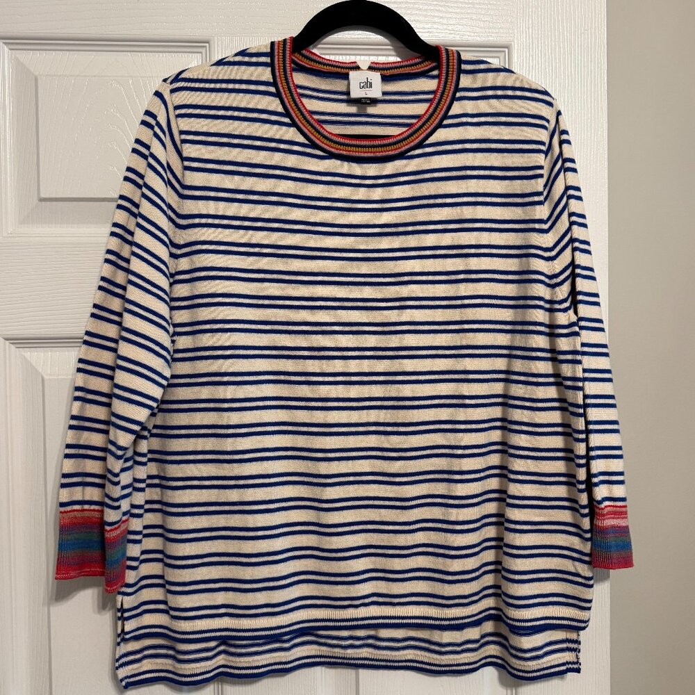 Cabi #5830 Cadet Pullover 3/4 Sleeve Boxy Fit Striped Sweater L Blue White Pink